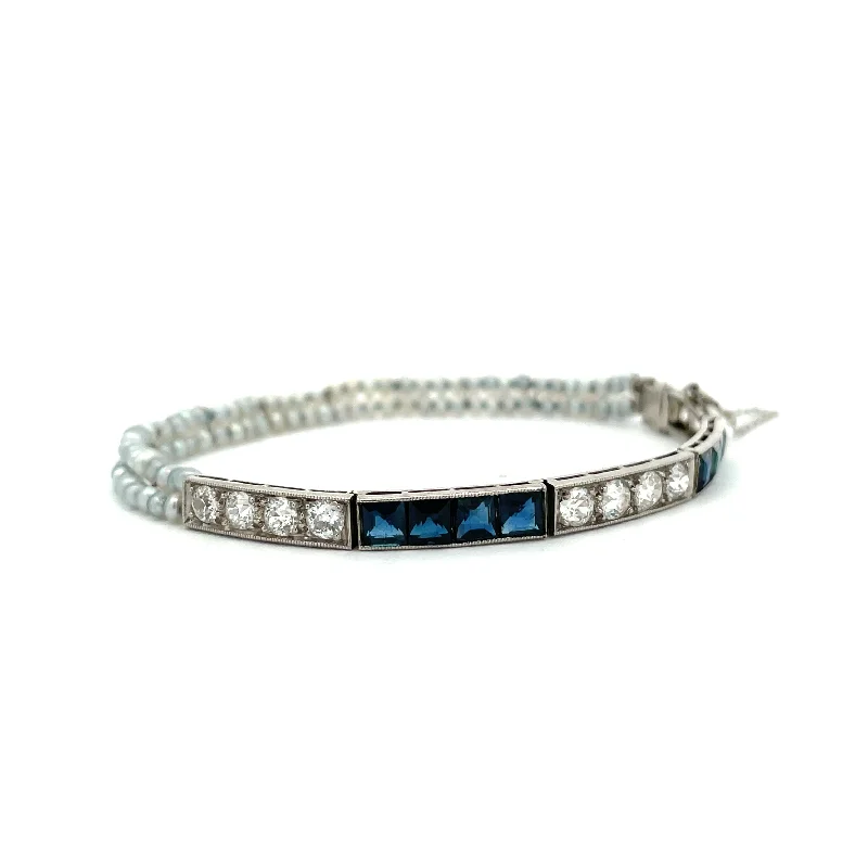 SAPPHIRE AND DIAMOND SILVER BEAD BRACELET