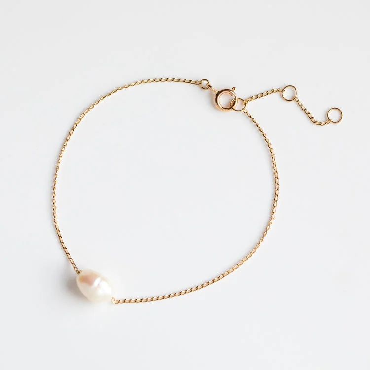 dainty gold chain ring Solid Gold Single Pearl Chain Bracelet