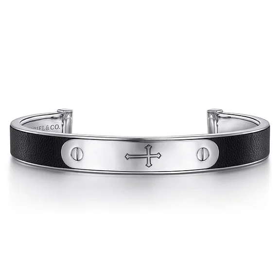 Sterling Silver and Leather Cross ID Cuff Bracelet