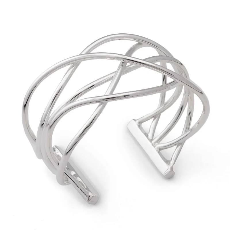 boho beaded statement necklace Wavy Crossed Wire Cuff Bracelet, Sterling Silver