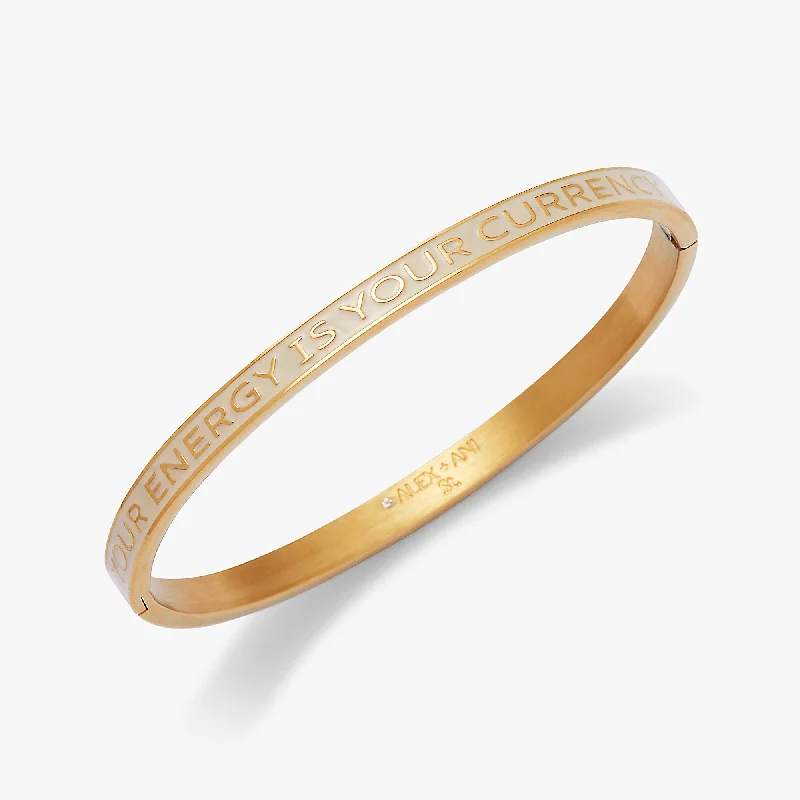 boho gold leaf ring 'Your Energy Is Your Currency' Hinge Bangle