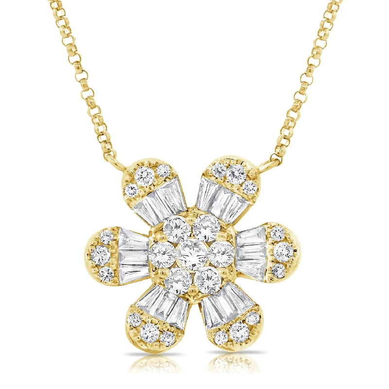 14K Yellow Gold Baguette Diamond Large Flower Necklace