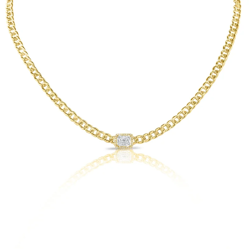 14K Yellow Gold Diamond Center & Curb Link Collar/Choker Necklace