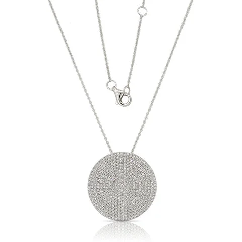 14K White Gold Diamond Large Pave Disk Necklace