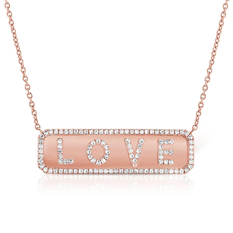 14K Rose Gold Diamond "Love" Plate Necklace