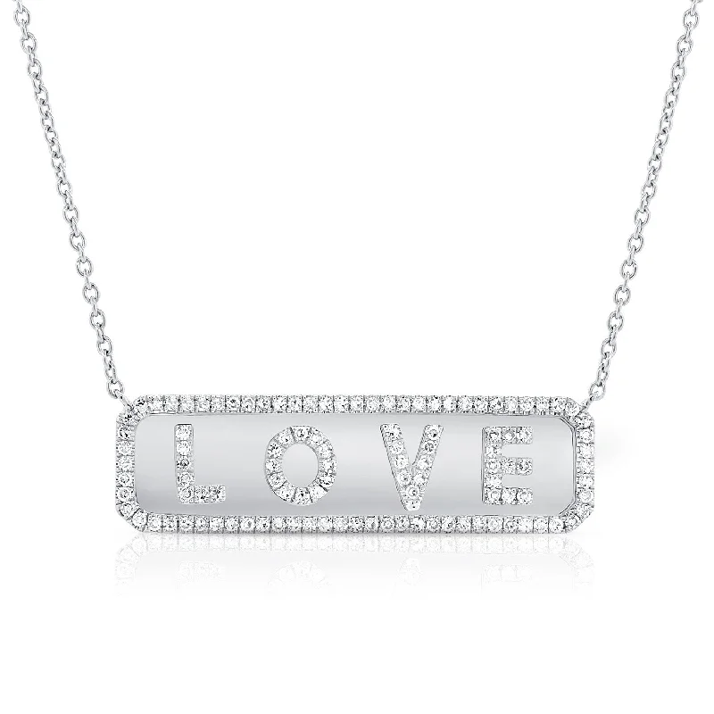 14K White Gold Diamond "Love" Plate Necklace