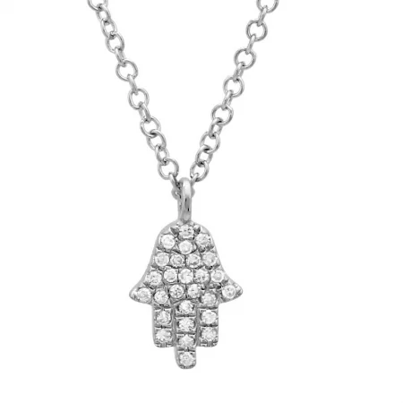 14K White Gold Diamond Petite Hand of God- Hamsa Pendant  & Chain