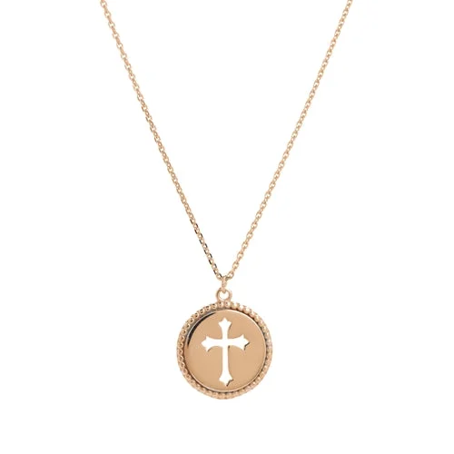 14K Rose 12mm Cut out Cross Disc Necklace