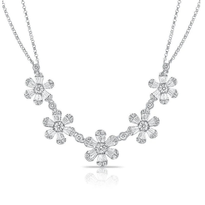 14K White Gold Baguette Diamond (5) Flower Necklace