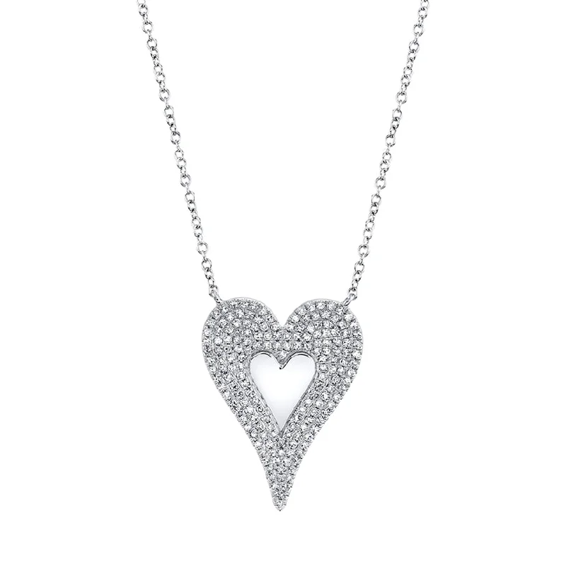 14k White Diamond Heart High polished center Large Necklace