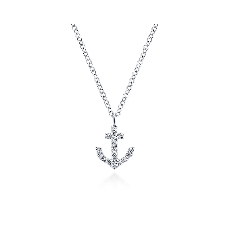 14K White Gold Diamond Anchor Necklace