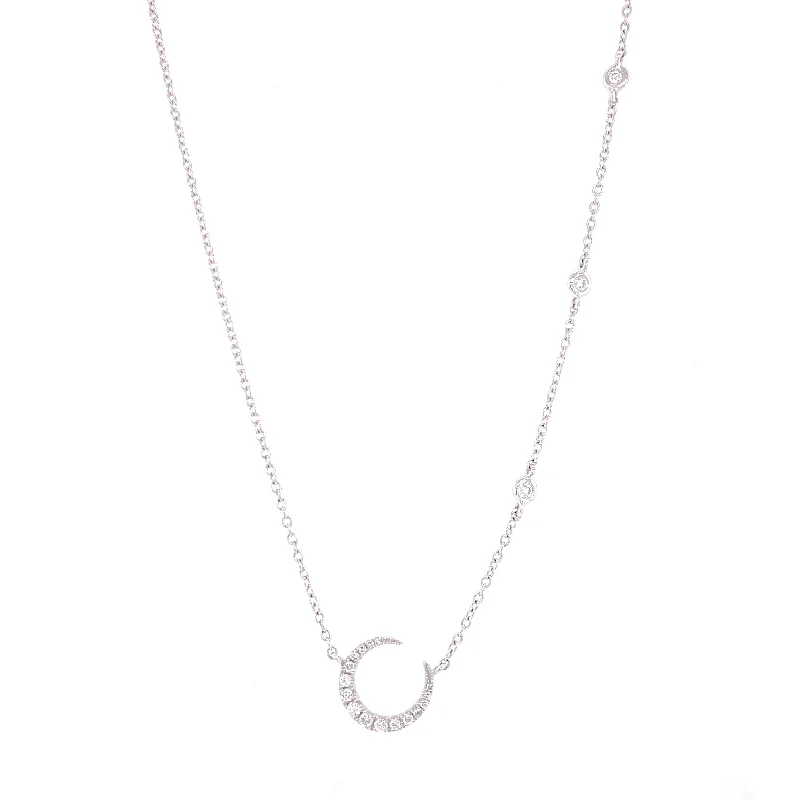 14K White Gold Diamond Crescent Moon + Diamond Bezel Necklace