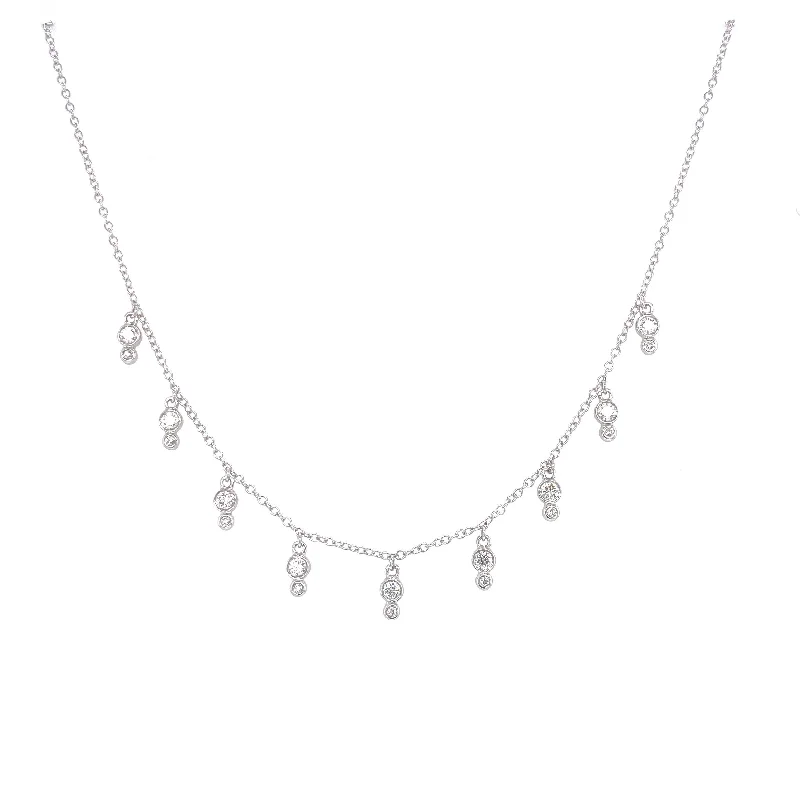 14K White Gold Diamond Double Bezel Drop Necklace