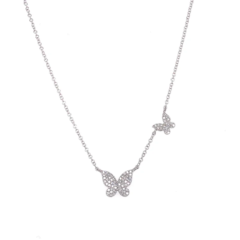 14K White Gold Diamond Double Butterfly Necklace