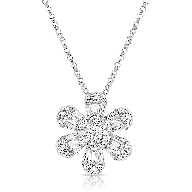 14K White Gold Diamond Flower Necklace