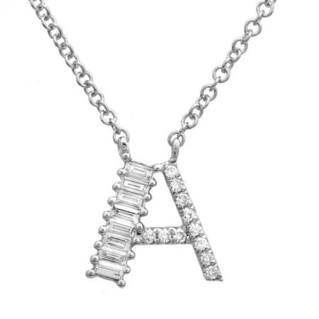 14K White Gold Round & Baguette Diamond Initial Necklace