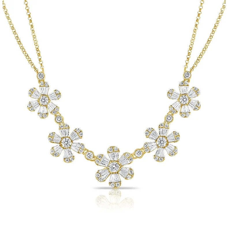 14K Yellow Gold Baguette Diamond (5) Flower Necklace