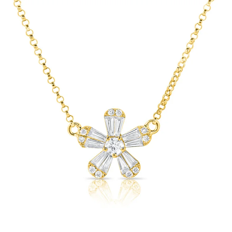 14K Yellow Gold Baguette Diamond Small Flower Necklace