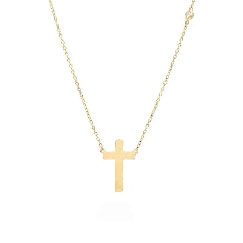 14K Yellow Gold Diamond Bezel Set Diamond & Cross Necklace