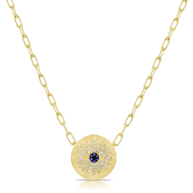 14K Yellow Gold Diamond + Blue Sapphire Evil Eye Necklace