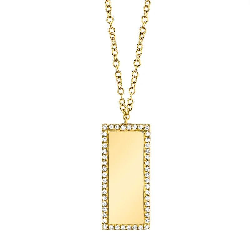 14K Yellow Gold Diamond Border Rectangle Bar ID Necklace