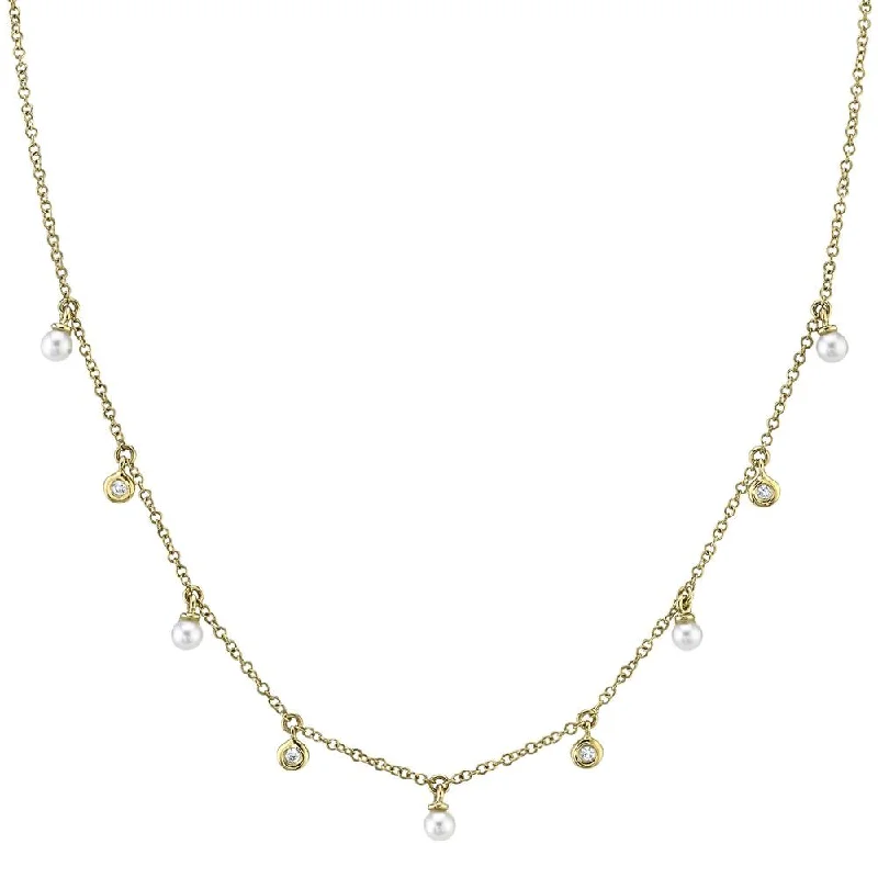 14K Yellow Gold Diamond & Cultured Pearl Dangle Necklace