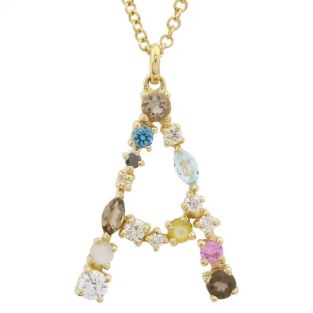 14K Yellow Gold Multi Color Stones Initial "A" Necklace