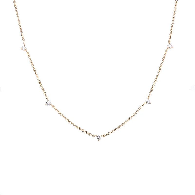 14K Yellow Gold Three Prong Diamond Station Necklace