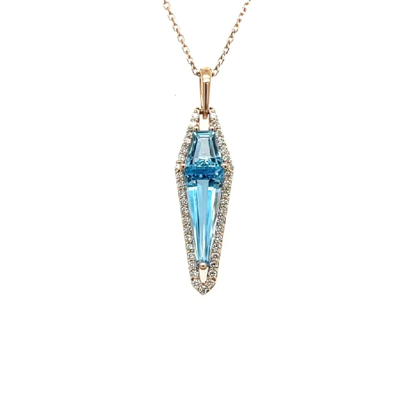 dainty heart charm necklace Custom Cut Blue Topaz with Diamonds Pendant with 14K Rose Gold Chain at Regard Jewelry in Austin, Texas