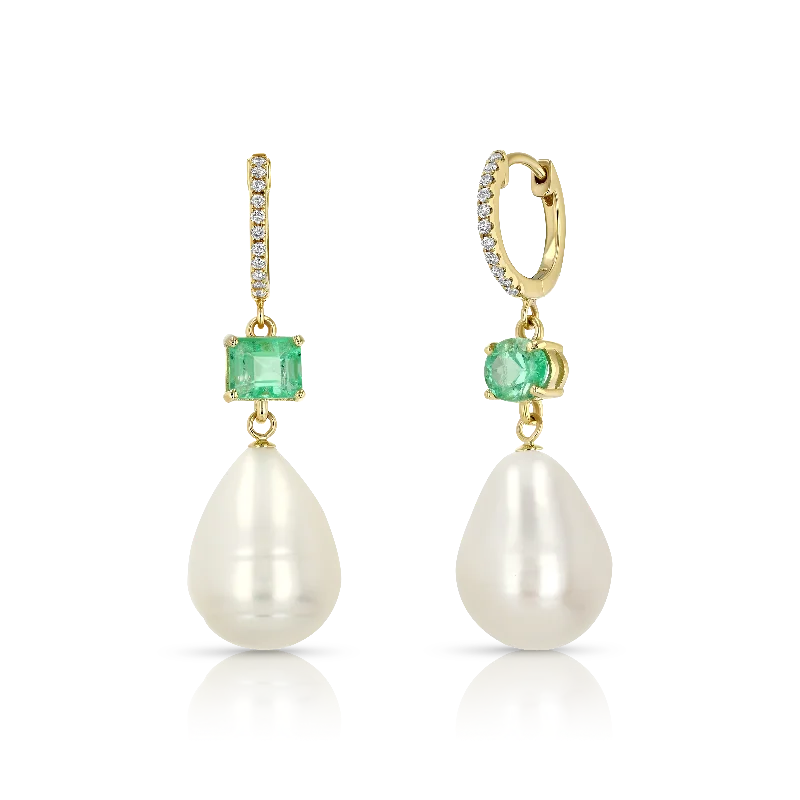 hexagon-shaped engagement ring unique Emerald Pearl Diamond Drop Earrings