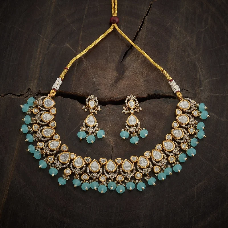 silver lotus flower earrings Kundan Necklace 165821