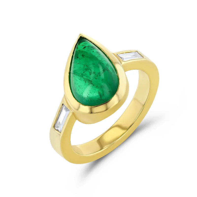 adjustable rope bracelet handmade Emerald Pear Cabochon and Diamond Three Stone Ring