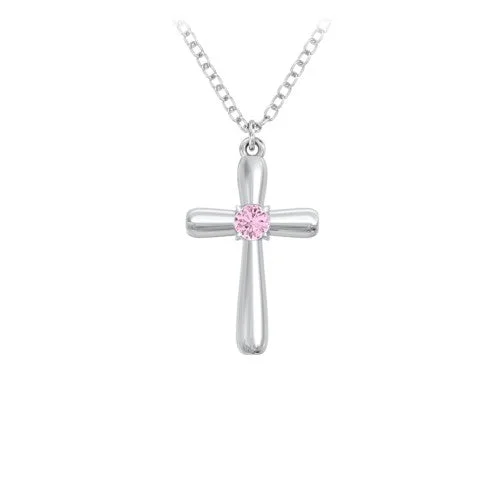 layered pearl choker necklace Silver Cross with Pink CZ