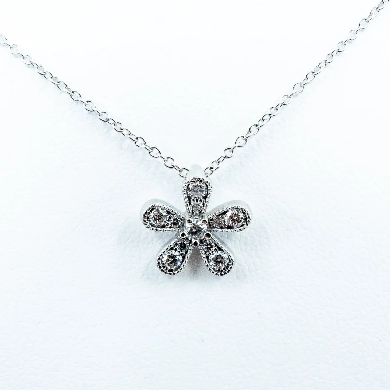 fine silver herringbone necklace Spark Diamond Flower Necklace 0.25cttw/18KW